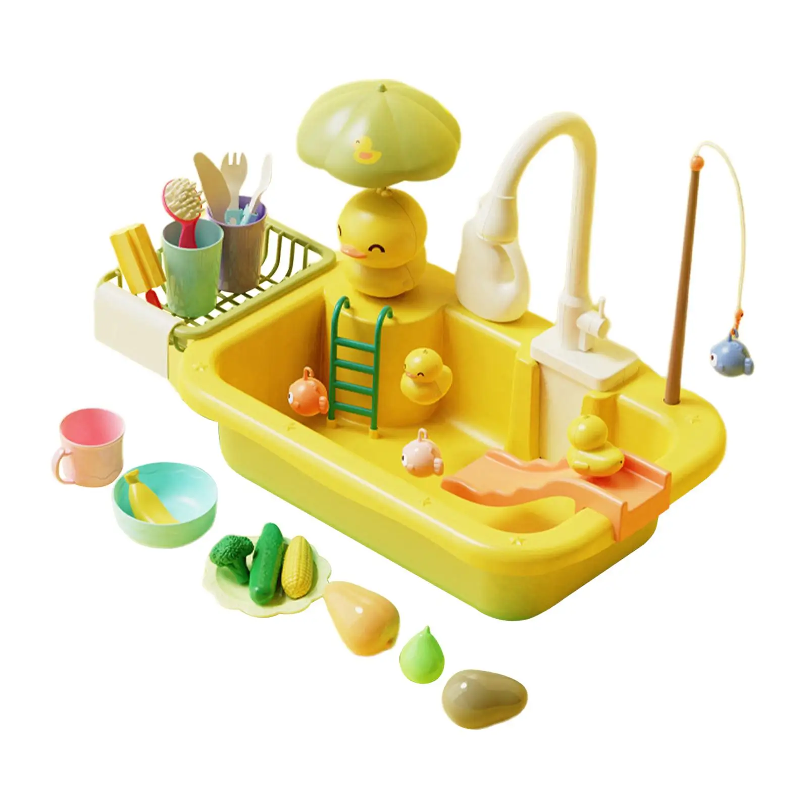 Kitchen Sink Toys Automatic Water Cycle System Pretend Play Faucet and Dishes Playset for Unisex Girls Boys Gifts