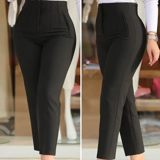 Women Trousers Women High Waist Pleated Suit Pants Pockets Ninth-Length  Solid Color Straight Leg Business