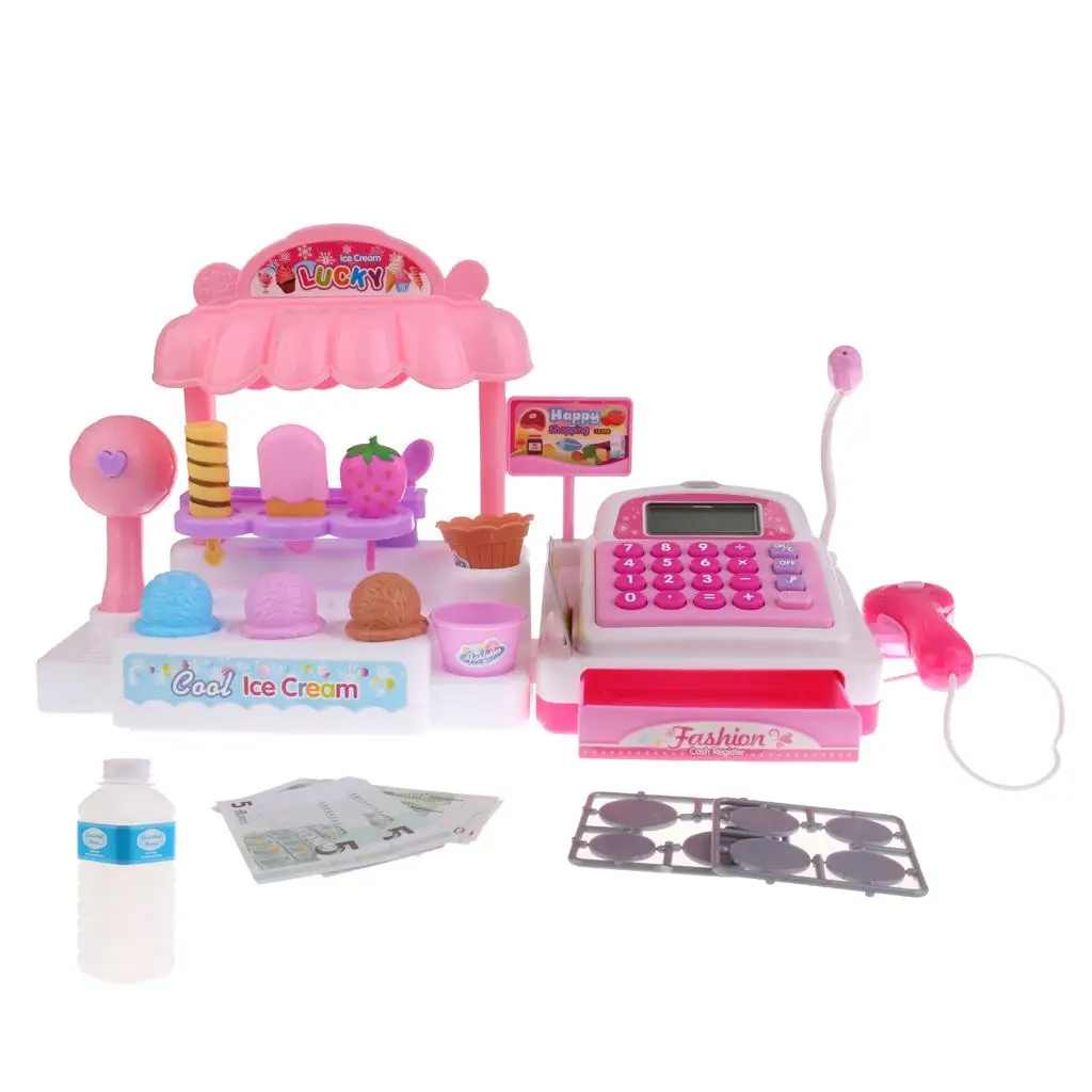Kids Pretend Toy  Register Play Set with Food, Scanner, Calculator, Ice