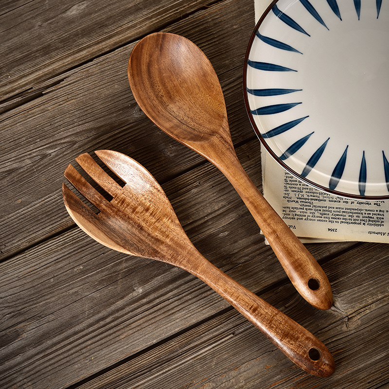 Description Picture 6 of itemCooking Spoon and Fork Set Japanese-style Wooden  Salad  Pasta   Log    Utensils Suit