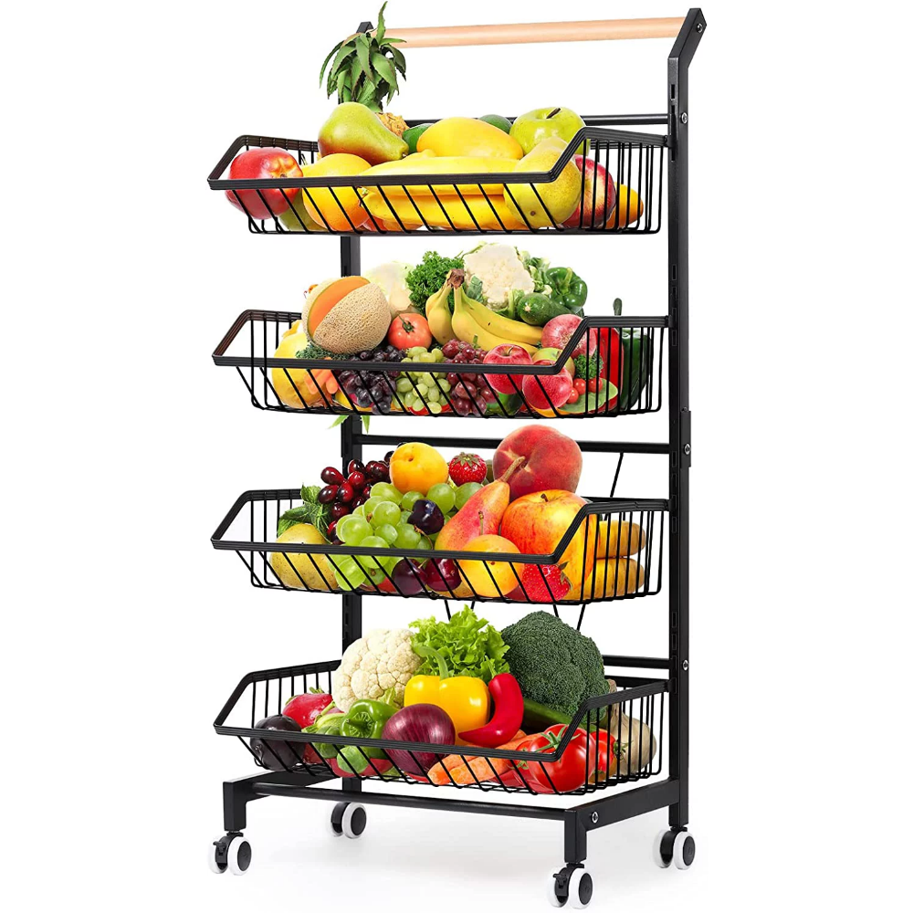 4 Tier Fruit Vegetable Storage Basket Rolling Cart with Handle and ...