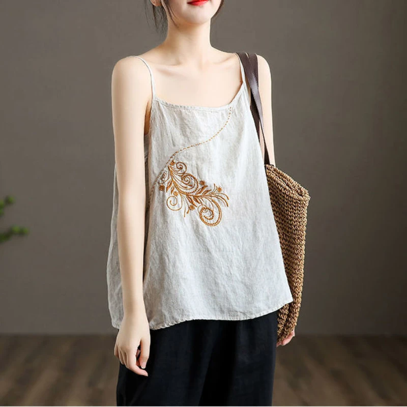 Summer 2022 New Womens Fashion Camisole 100% Cotton Linen Spaghetti Strap Tank Tops for Women Vintage Loose Embroidery Camis spanx camisole
