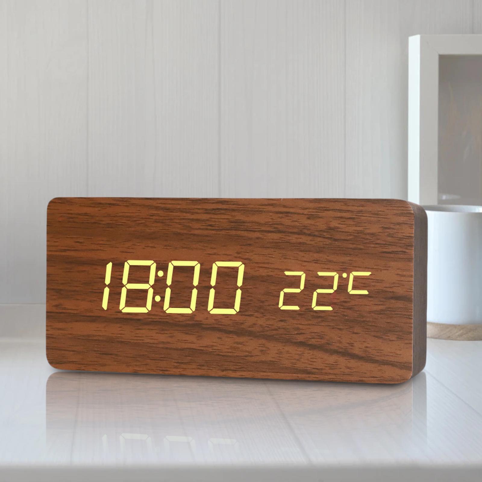 Portable Digital Alarm Clock Temperature Date Display Wood LED Office Decor