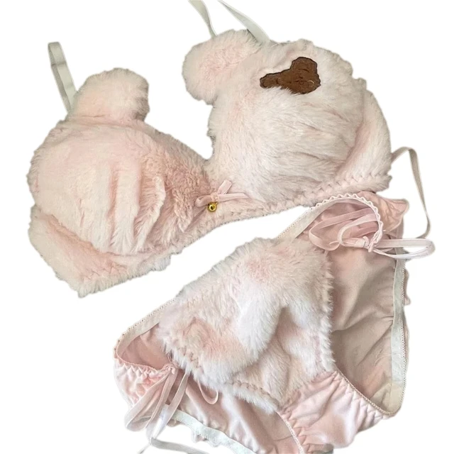 Womens 2pcs Bra Panty Set Cute Bear Fluffy Faux Fur Underwire Underwear  Plush Ball Bow Anime Lingerie - Bra & Brief Sets - AliExpress