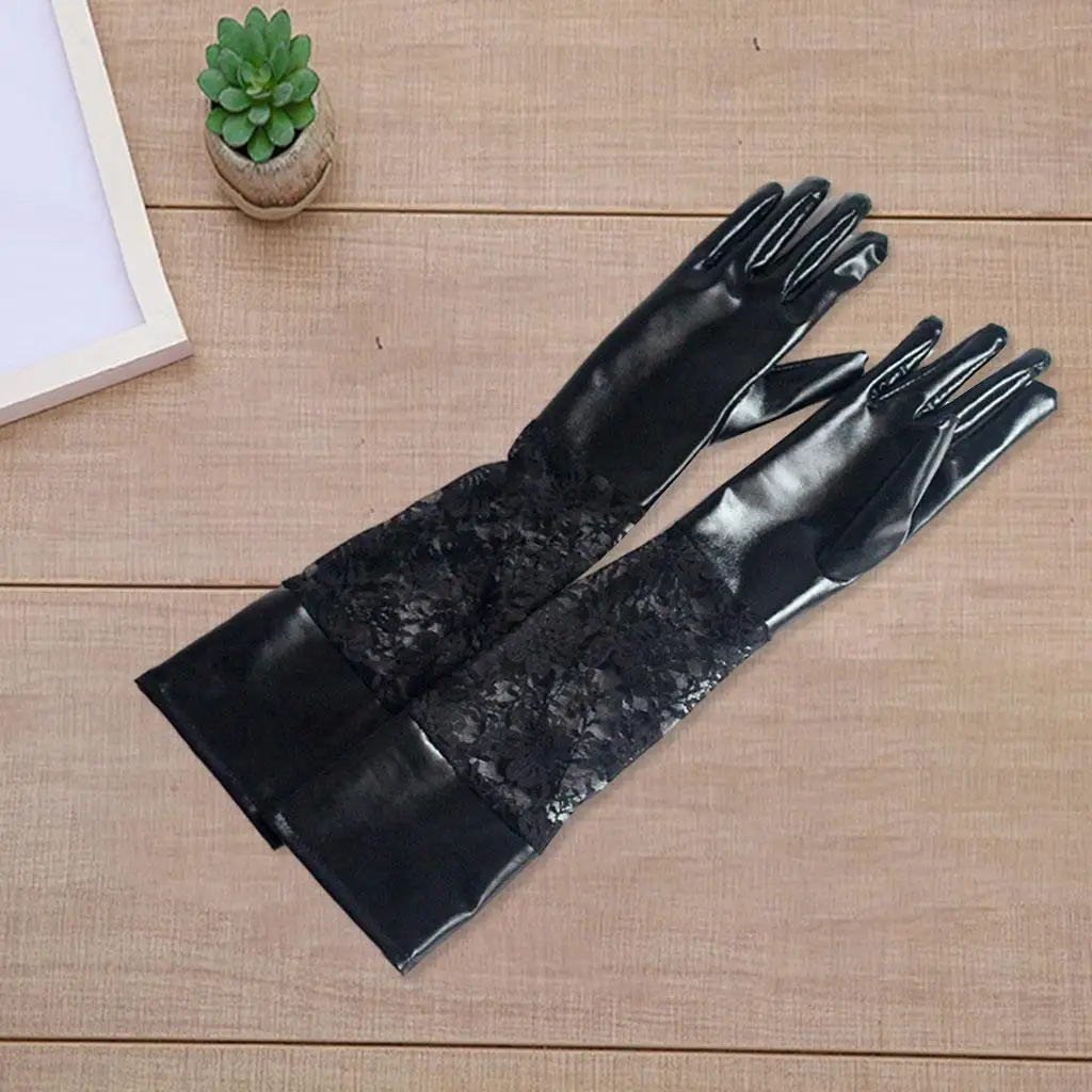 2x Trendy Long Gloves Lace Elbow Faux Leather Stitching Sleeves Prom Costume