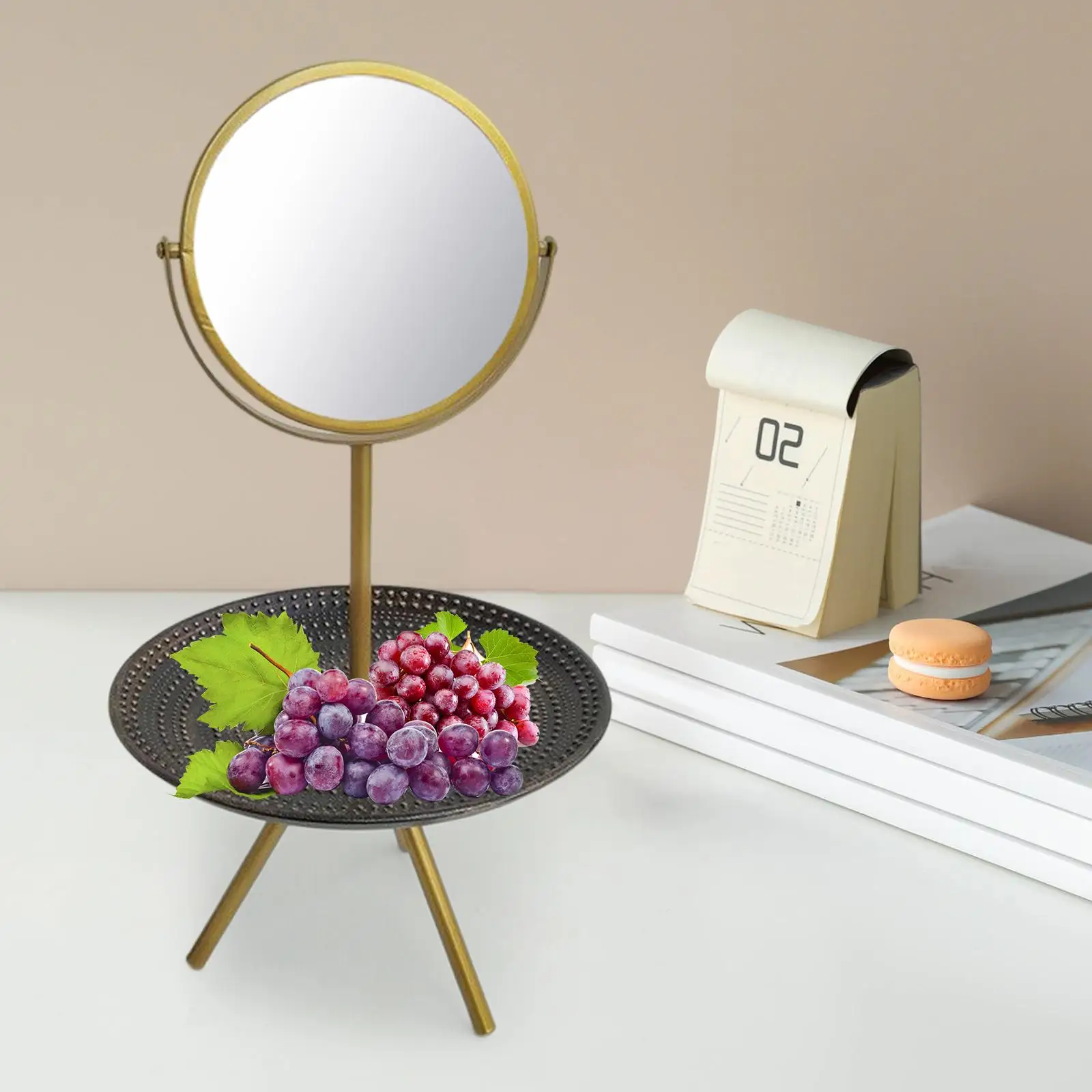 Tabletop Makeup Mirror with Wood Tray Jewelry Organizer Tray Table Mirror Women