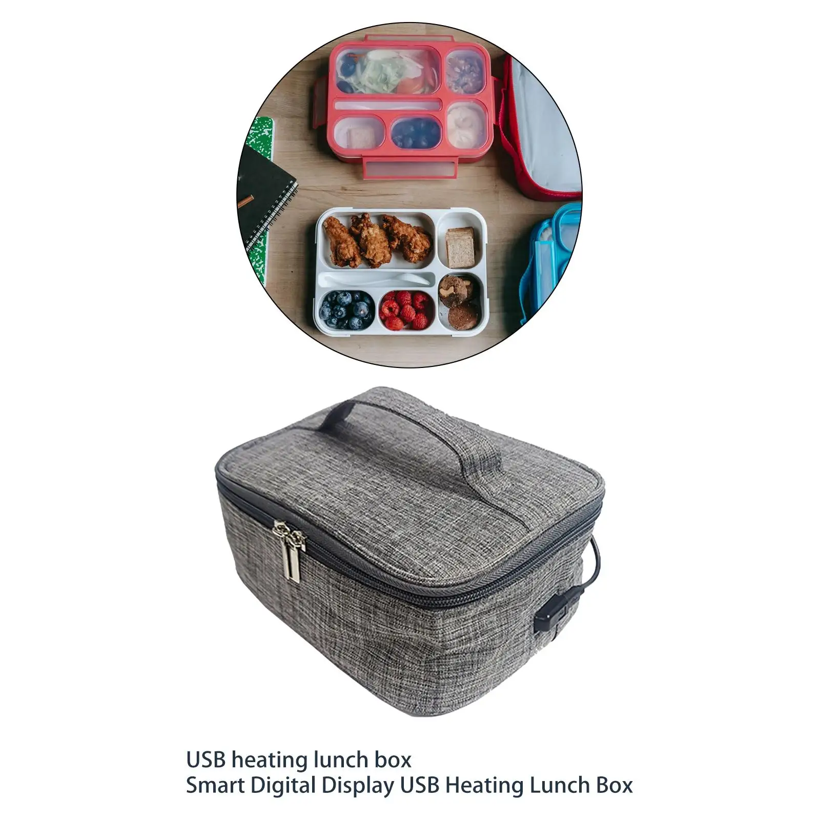 USB Heated Lunch Boxes Bag Container Oxford Cloth for Picnic Camping with Zipper ,Grey Convenient for Adults Reusable Durable
