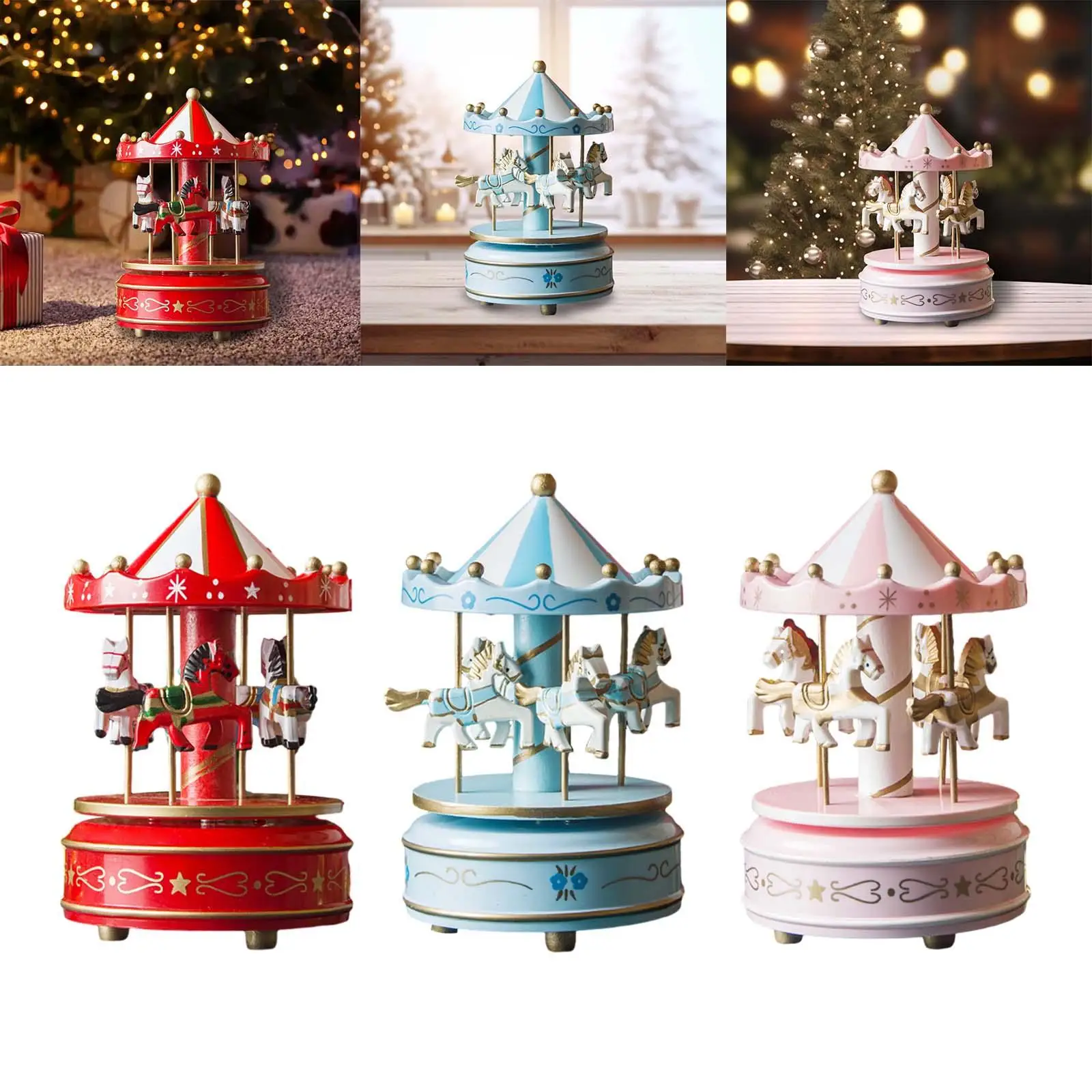 Wood Musical Box Christmas Crafts Decoration Xmas Showpiece Decorative Turn Horse Shaped for Valentine Gift