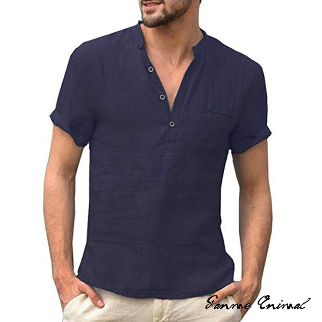 Camicia Uomo Casual A Maniche Corte Con Bottoni Henley | Modello Con Tasca | Grigio, Taglia M | Morbida E Traspirante