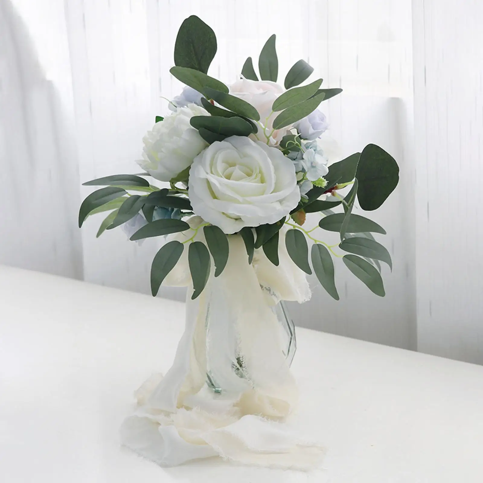 White Silk Rose Cascading Bouquets Handmade for Engagement Anniversary