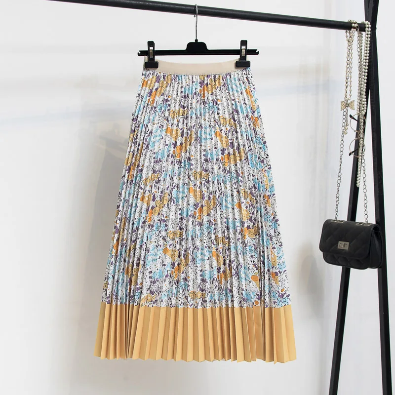 floral skirt New 2021 Vintage Floral Printed Tulle Pleated Mi-long Women Skirts High Waist Loose Female Umbrella Skirts Spring Summer skirts for women