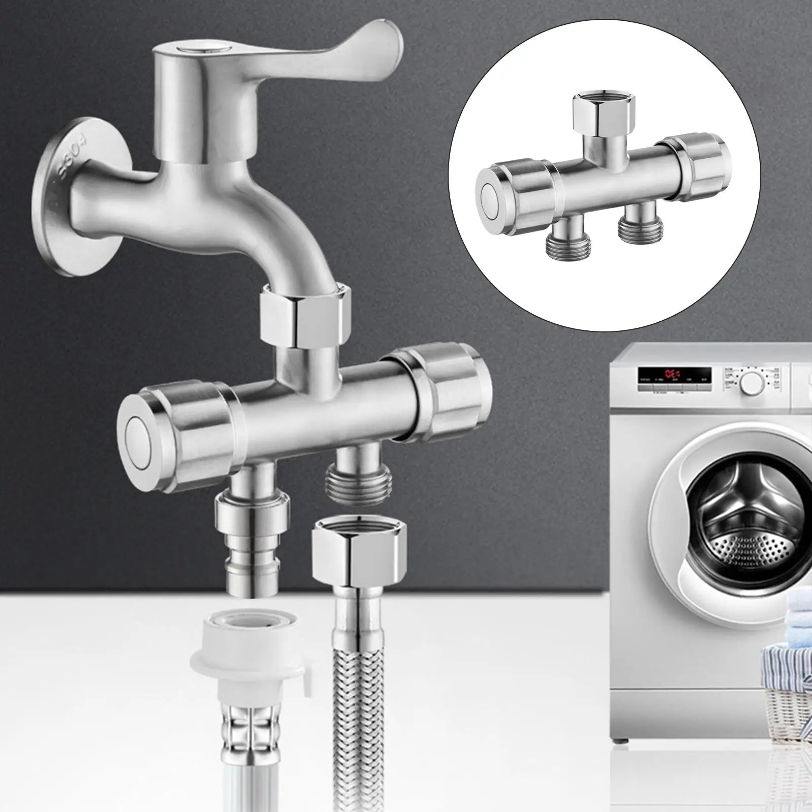 Washing Machine Faucet Diverter Dual Handles Dual Control in Two Out Double Water Out Double Use Connector for Laundry