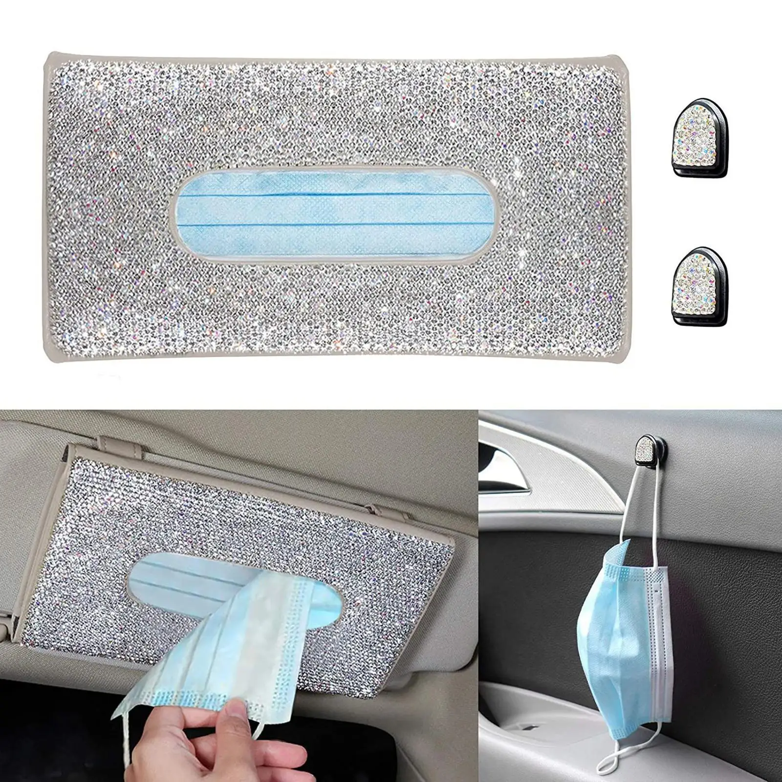 Car Tissue Holder Vehicle Sun Visor 24x14cm Napkin Box Bling Bling Clips