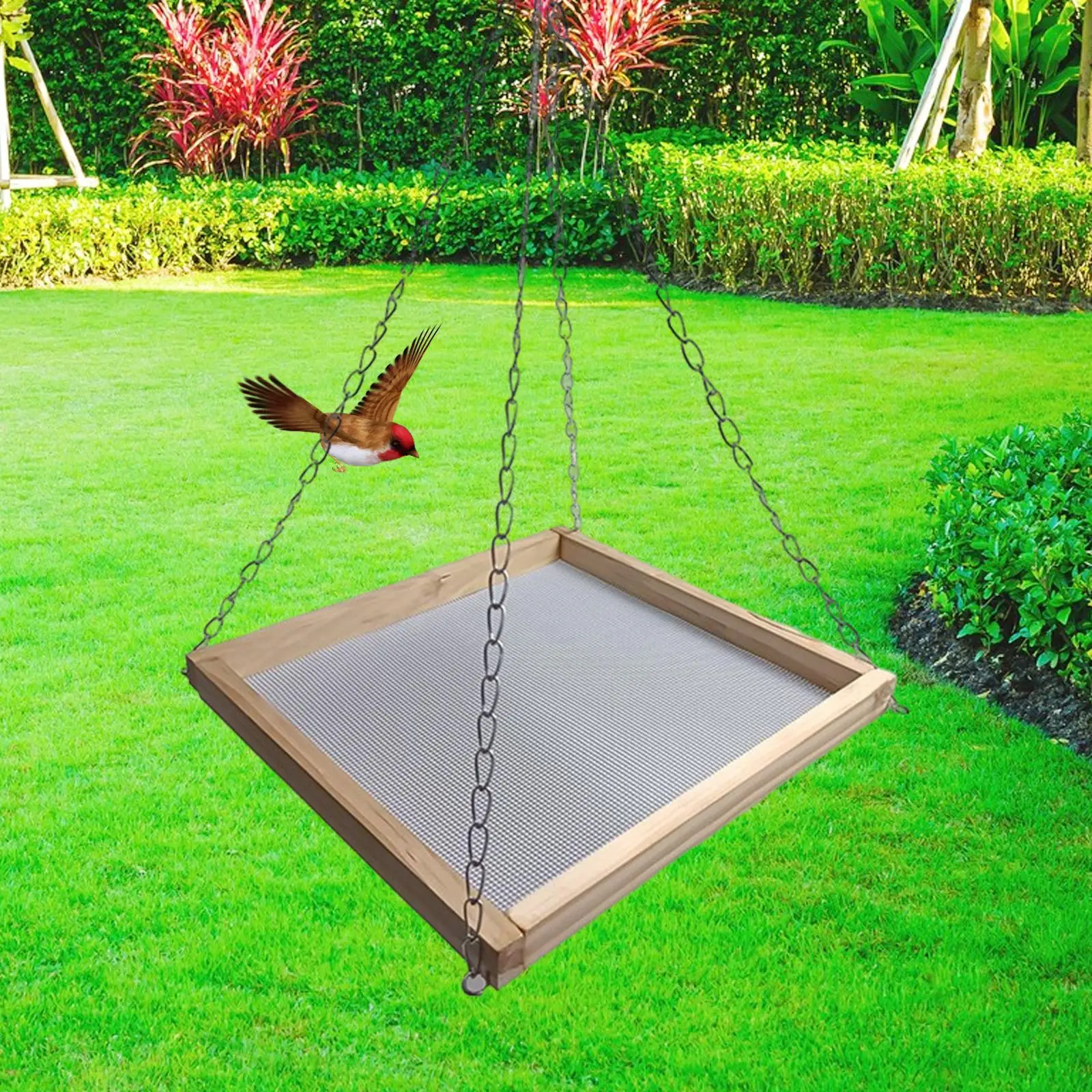 Hanging Bird Feeder Dish Strong Chains Seed Tray Food Holder Wooden Frame for Patio Outdoor Yard Outside Attracting Birds