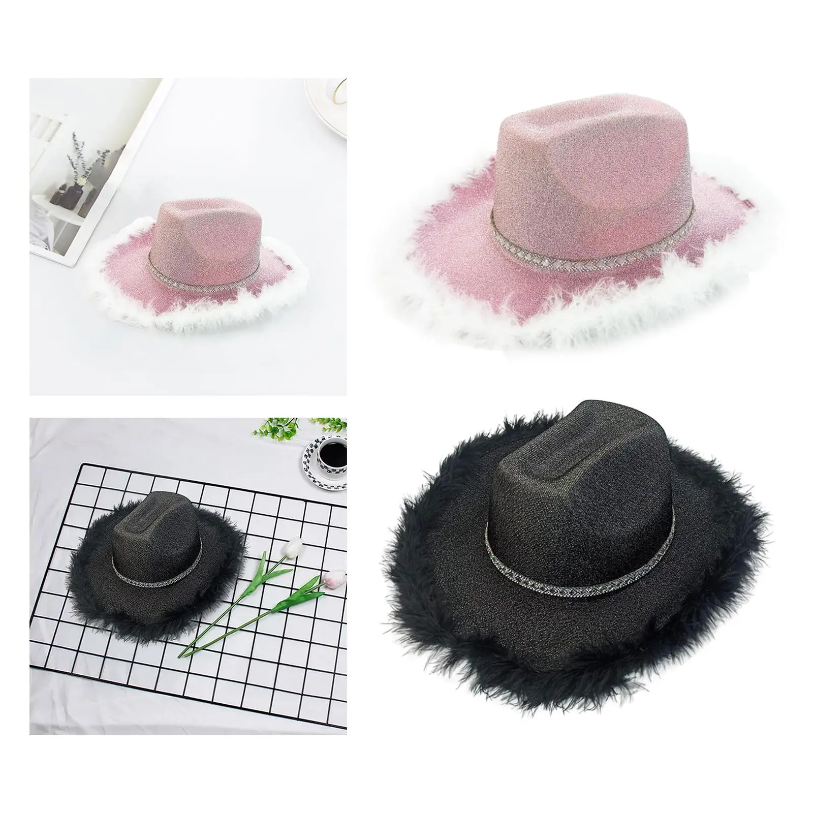 Novelty Cowboy Hat Costume Fancy Dress Wide Brim Cosplay Shiny Cowgirl Hat with Artificial Feather Trim for Parties Women Men