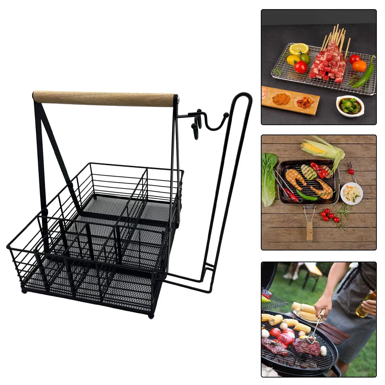 BBQ Grilling Caddy with Paper Towel Holder Easily Install Sturdy with 6 Compartments for Storing Condiments, Plates, Tableware