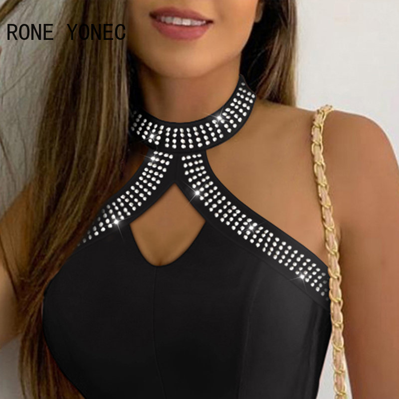 mulheres chique sexy oco para fora halter sem mangas strass decoração verão casual sexy camis colheita topos