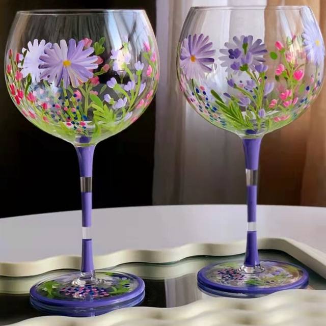 Nordic Colored Glass Wine Glasses Creative Hand-Painted Flowers Wine Glass  Household Painted Goblet Crystal Champagne Drinkware