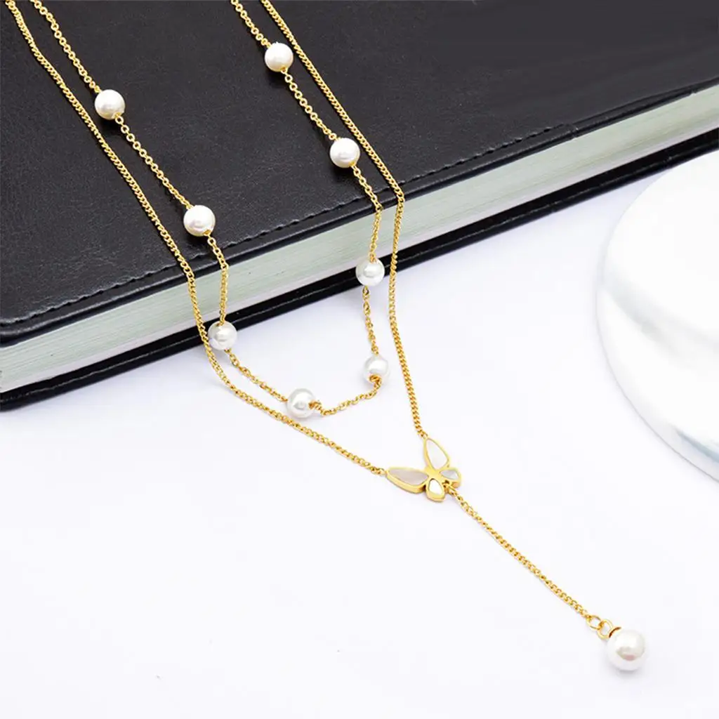 2 Layer Butterfly Pendant Necklace Pearl Choker Tassel Charms Women Gifts