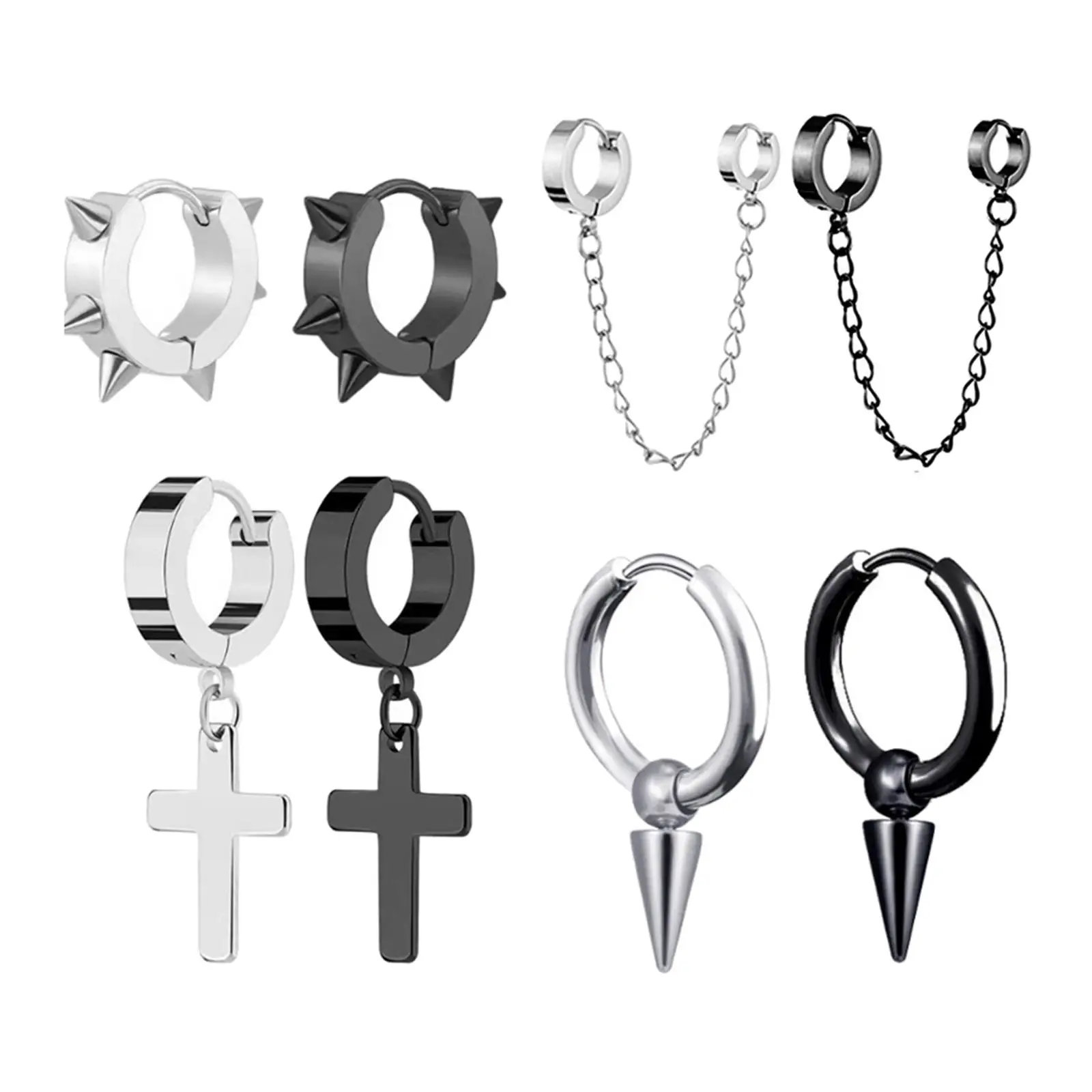 8Pcs Stainless Steel, Hoop Earrings, Punk Earring Ear Earring, Jewelry ,Dangle Hinged Hoop ,