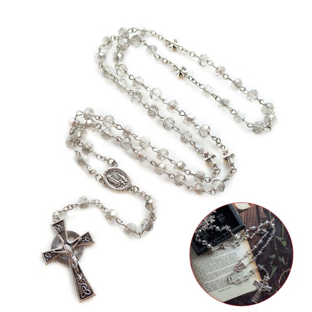 Chapelet En Perles De Bois Blanc Avec Crucifix Et Pendentifs - Longueur 47,5 Cm, Pour Prière, Méditation, Cadeau Religieux