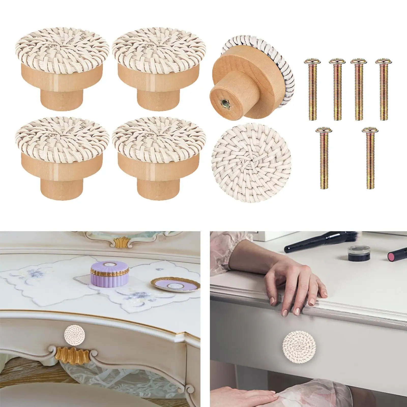 Round Dresser Handles with Screws Wicker Woven for Wardrobes Furniture