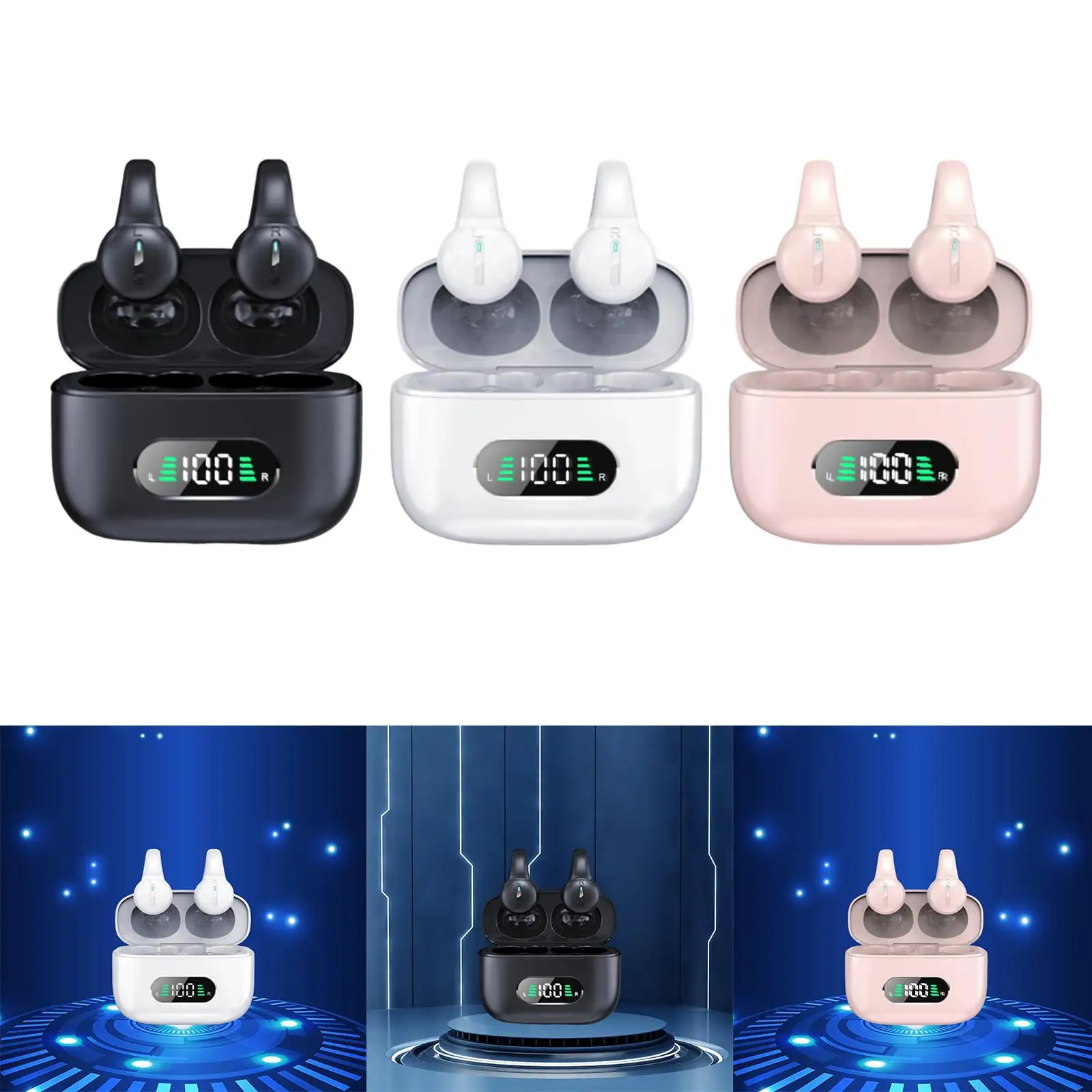 Ear Clip Headphone for Cycling Driving Waterproof Outer Headphones LED Display Sport Earbuds Headset with Case Open Ear Earbuds