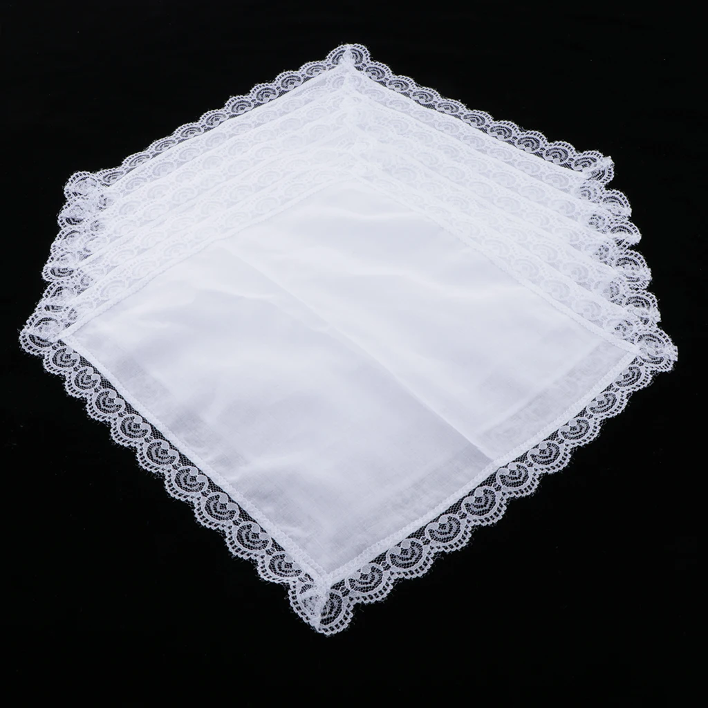 5x  Cotton Solid White Handkerchief Hankies  Square with Lace Edge