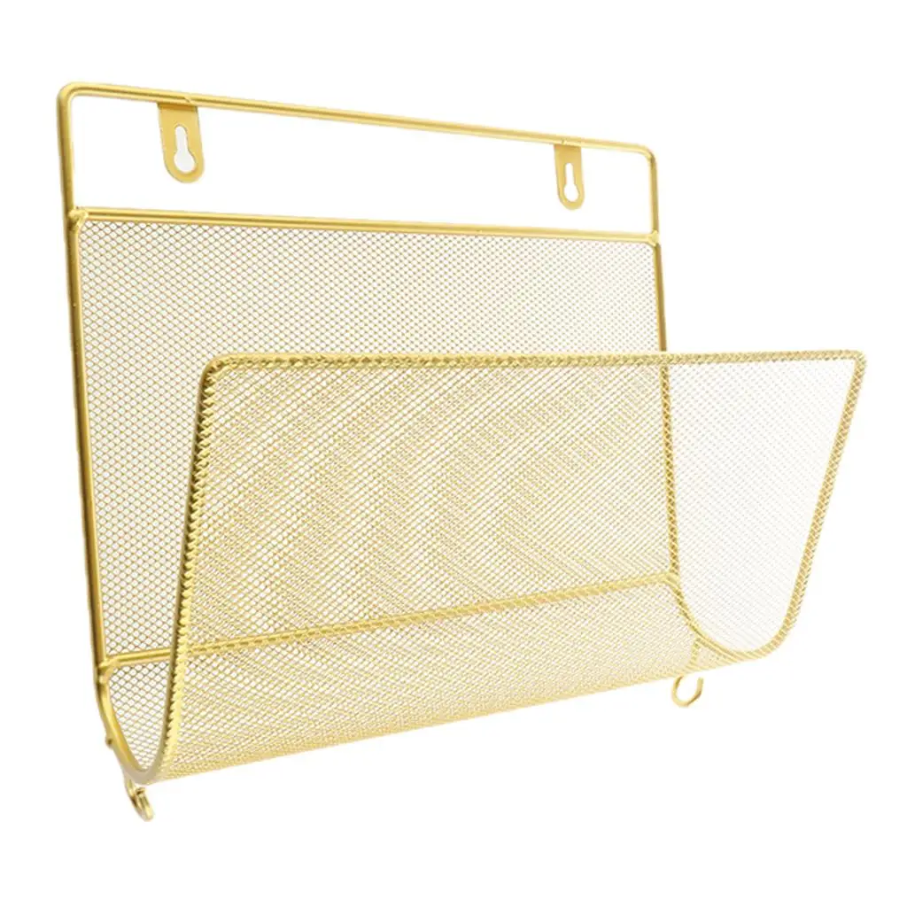 Wall Mounted File Holder Hanging Mesh Metal Basket Wire Magazine Rack Shelf with Accessory Hooks Name Tags