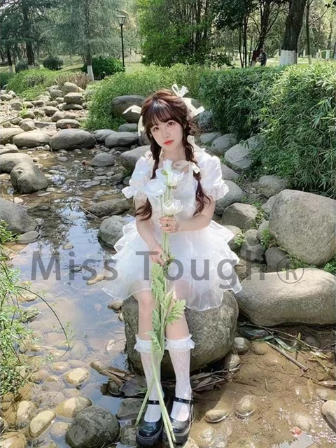 Floral Coquette Clothes Mini Dress With Ladies Cute Short Puff Sleeves  Princess Midi Dress - AliExpress