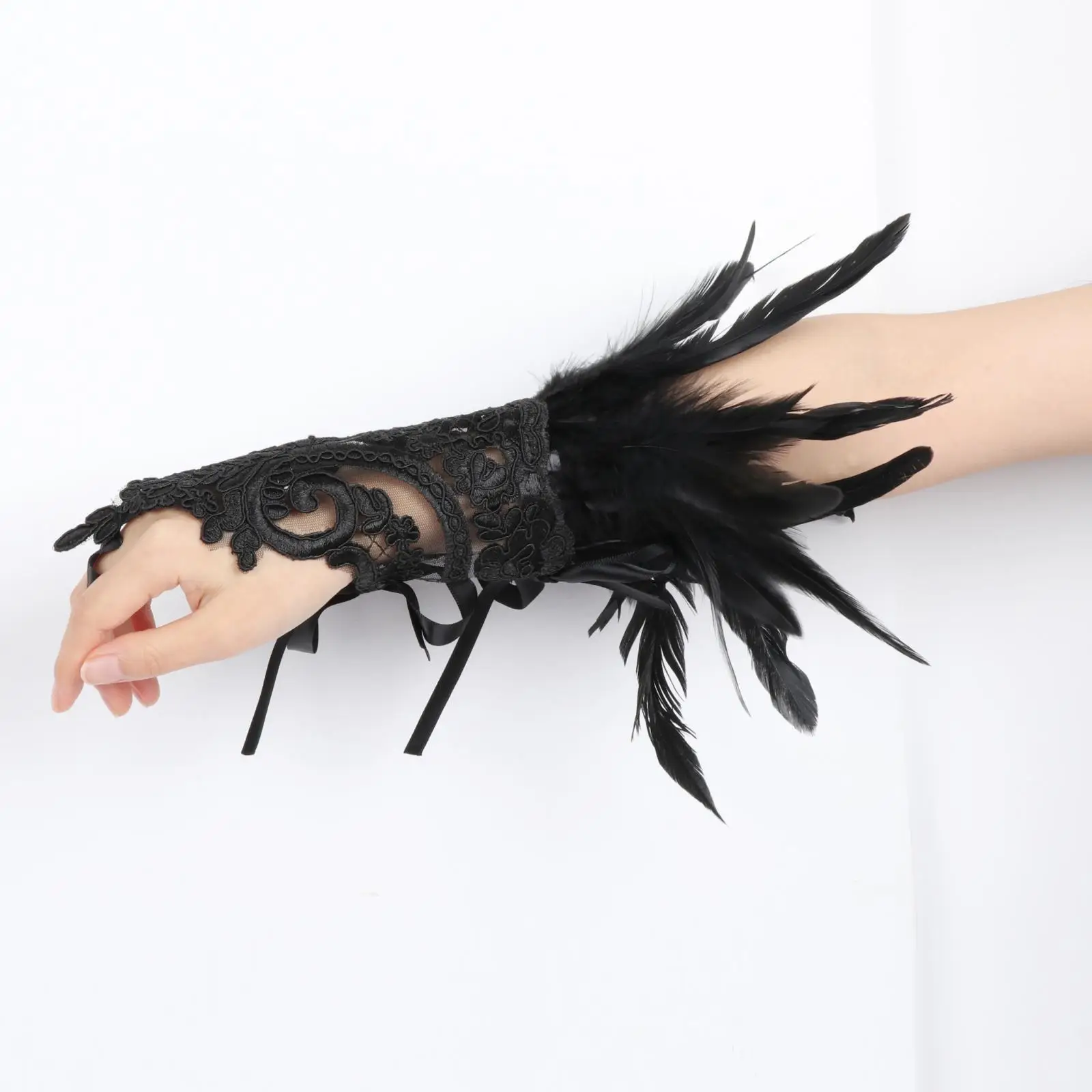 Women`s Black Artificial Feather Long Nail Gloves Lace Gloves for Cosplay Prom Party Costume Stage Performance Women and Girls