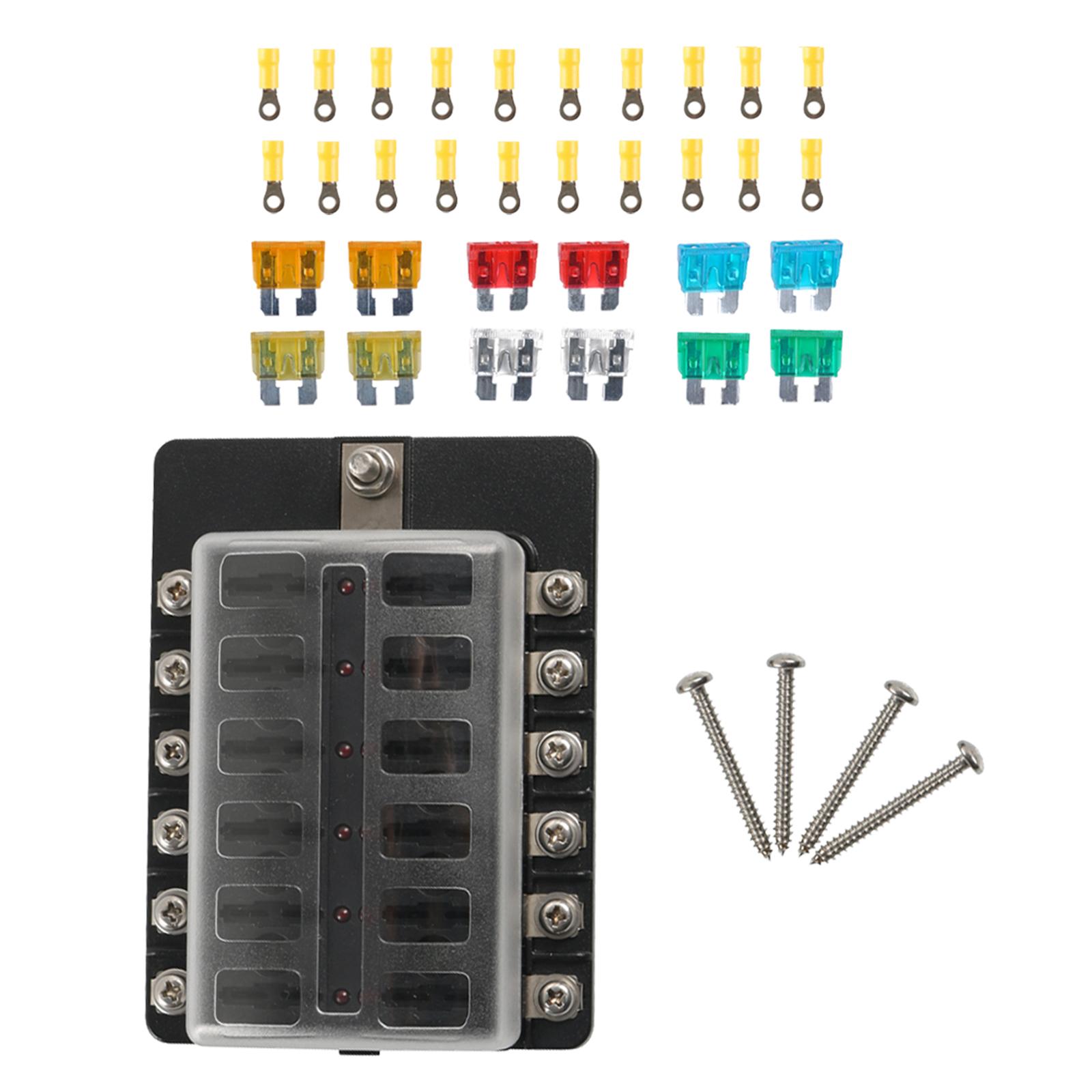 12 Way Fuse Block with LED Indicator Bolts Terminals 32V for Boat Truck