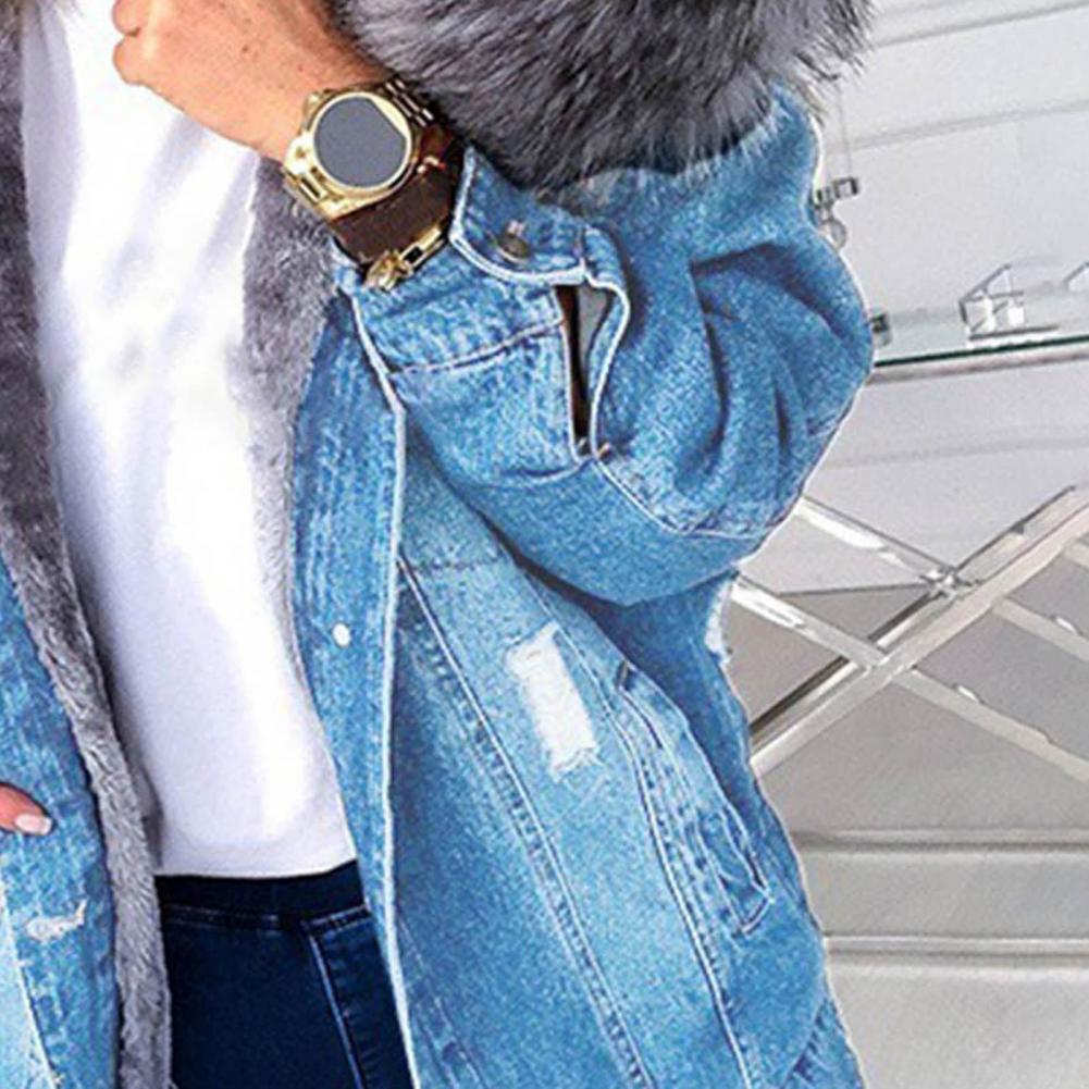 nova moda inverno feminino manga longa engrossar pele do falso capa de pelúcia quente grande tamanho jaqueta rasgado botões denim casaco outwear