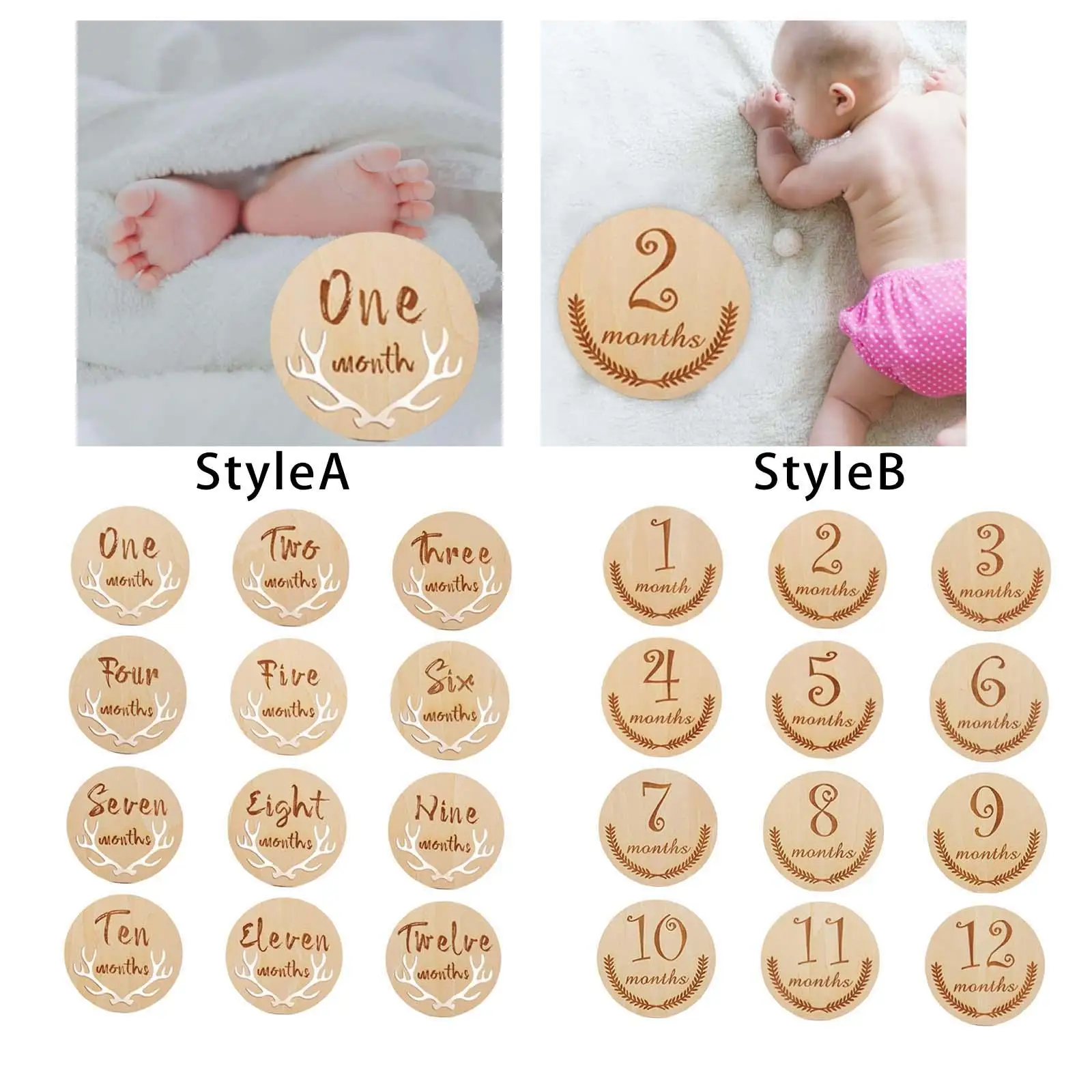 12x Simple Baby Milestone Cards Monthly Cards Newborn Photography Props Engraved Milestone Discs for Commemorate Baby Birth Toy