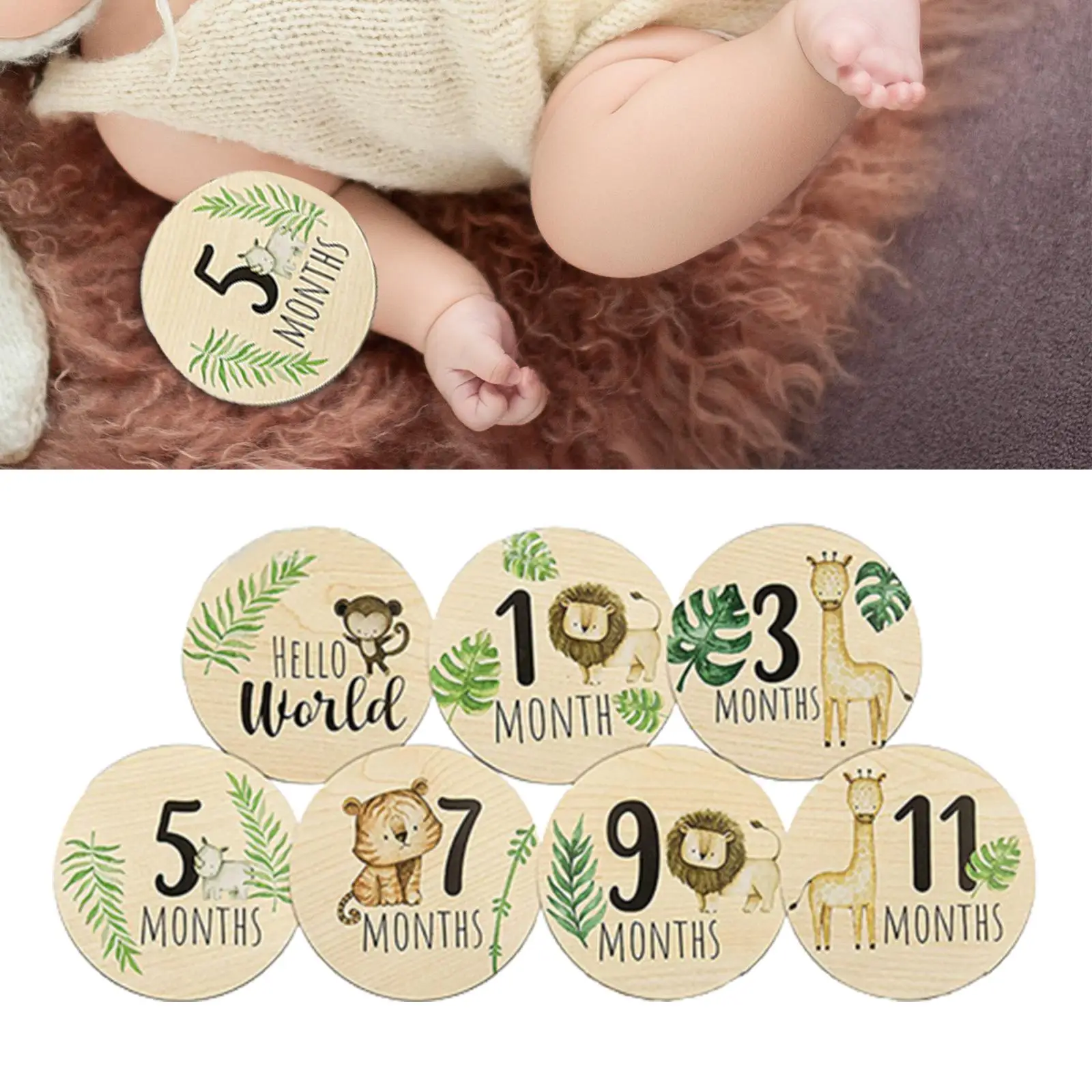 7Pcs Baby Milestone Cards Newborn Photoshoot Props Wooden Monthly Cards Photo Prop Monthly Milestone Discs for Keepsake Toy