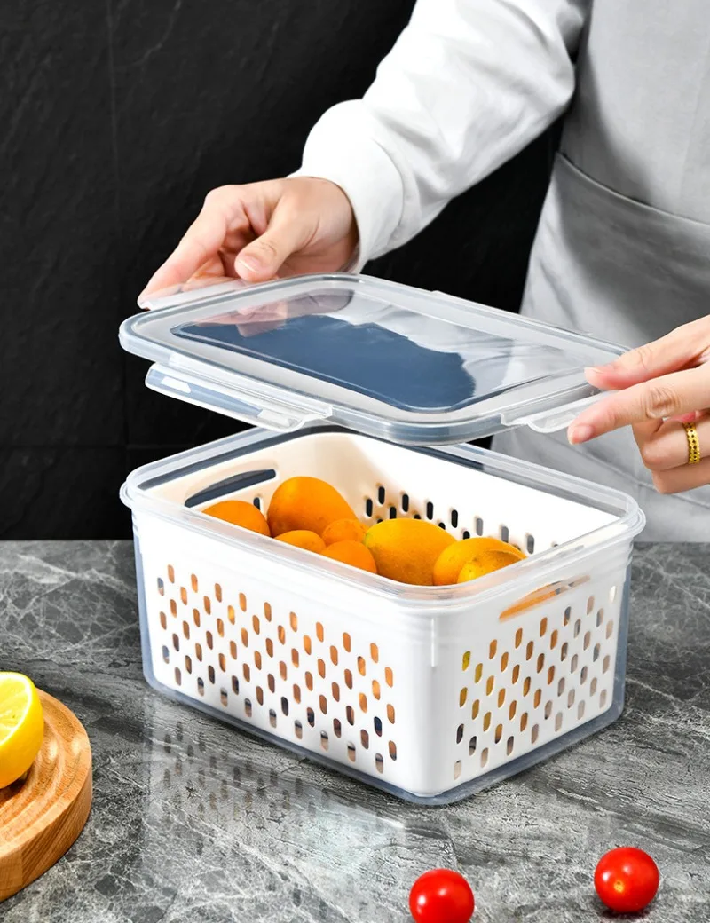 Refrigerator Preservation Box Transparent Double-Layer Vegetable And Fruit Food Grade Drain Box Set Of 3