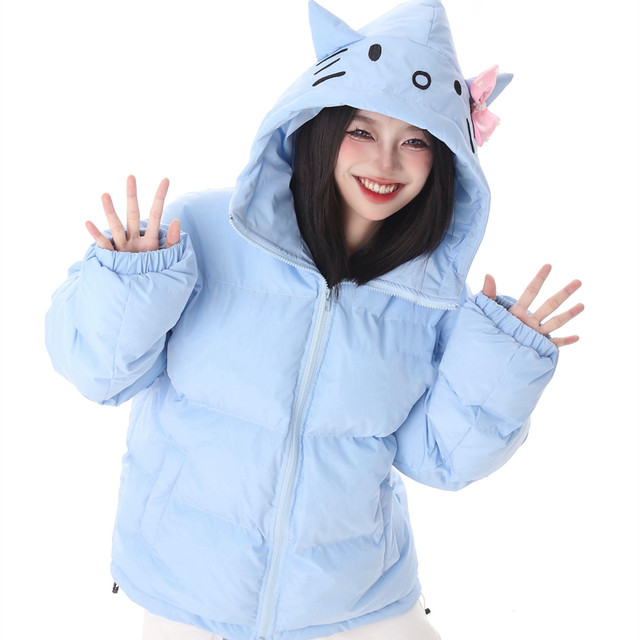 Japanese Sweet Cute Cat Letter Embroidery Parkas Coat Teenage