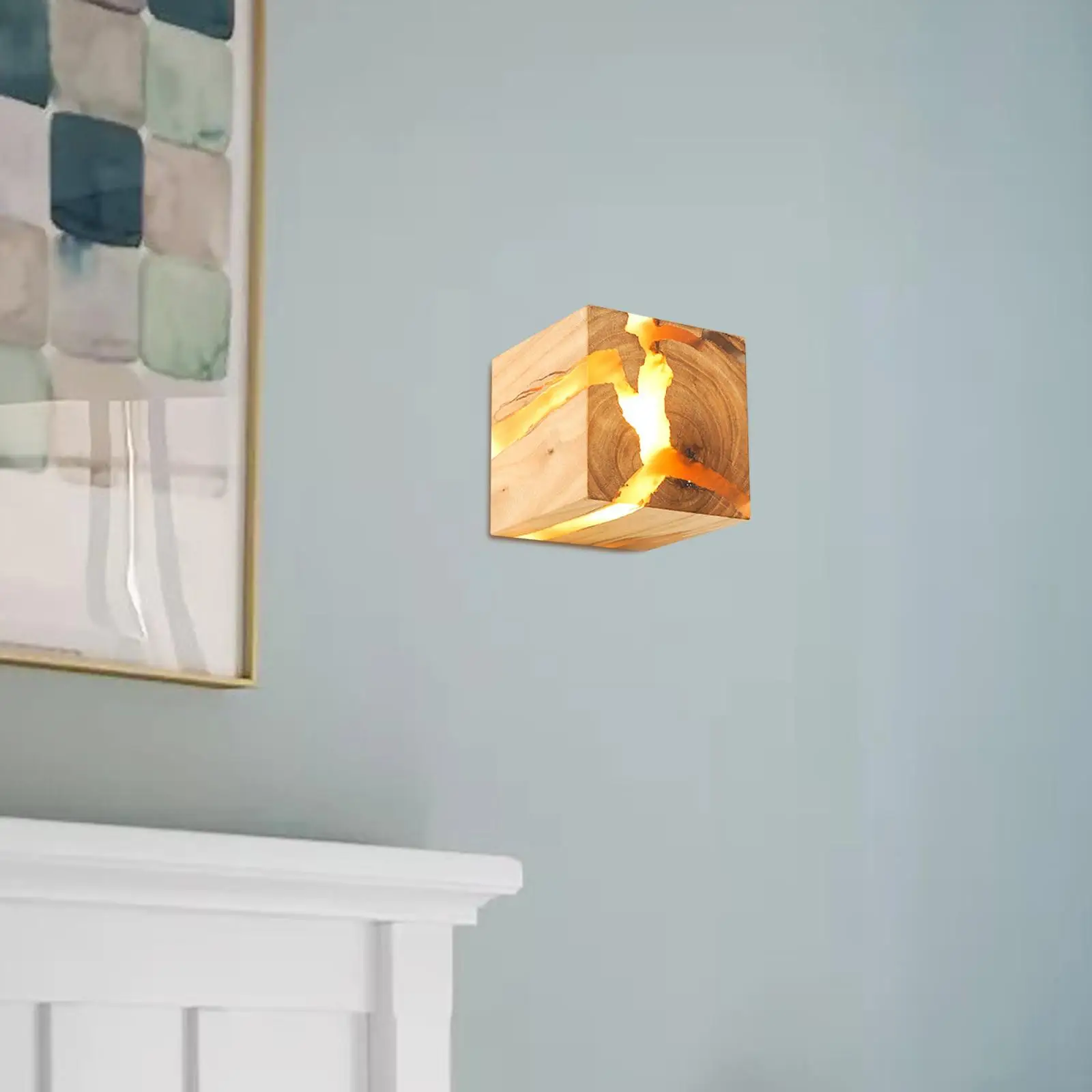 Wood Resin Wall Light Fashionable Decorative Square LED 5W Photo Prop Bedside Lamp for Hotel Cafe Home Restaurant Decor