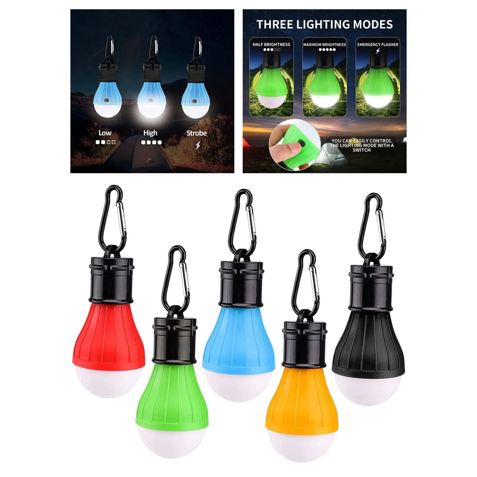 5Pcs LED Camping Lantern Light Tent Lamp with Carabiner Clips Battery Powered Bulb Dimmable for Camping Mountaineering Household