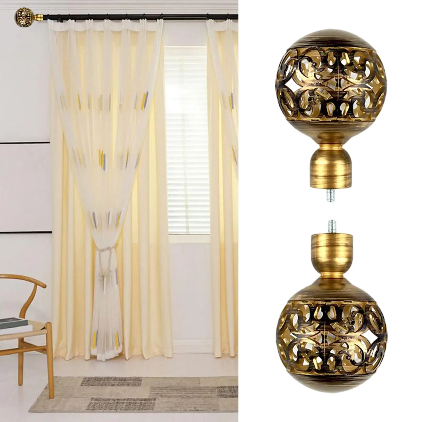 2x Hollow Curtain Rod Finials 3/4 inch Vintage Accessories Decoration Hardware Drapery Rod Finials for Office Home Bathroom