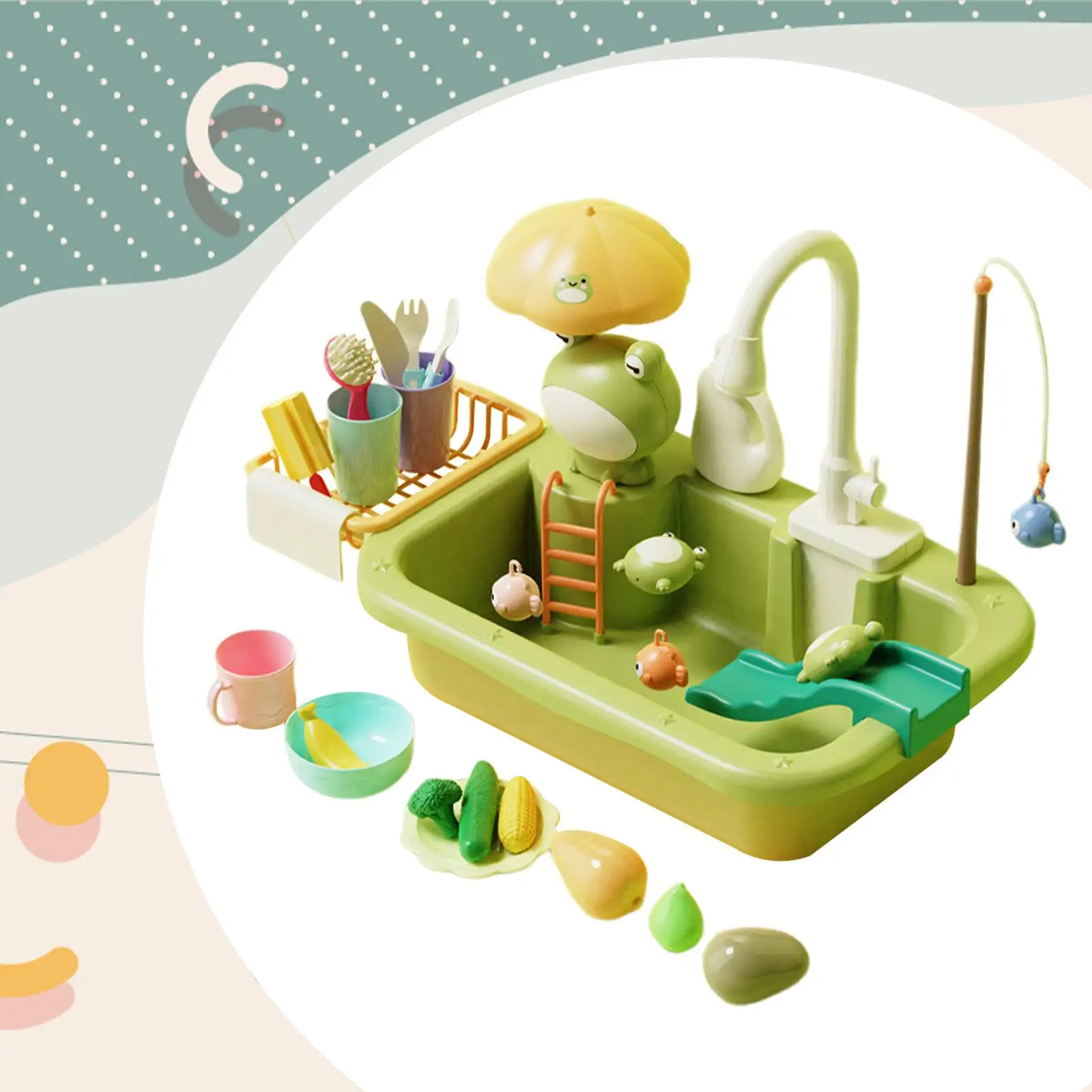 Kitchen Sink Toys Automatic Water Cycle System Pretend Play Faucet and Dishes Playset for Unisex Girls Boys Gifts