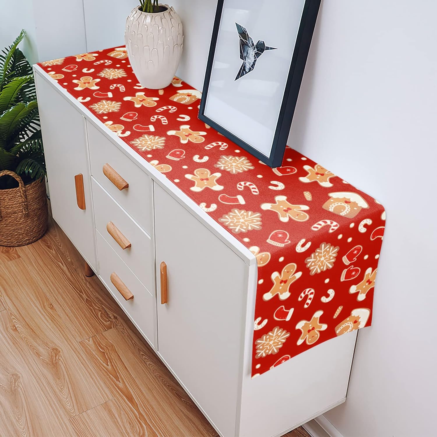 Description Picture 5 of itemChristmas Gingerbread Man Linen Table Runners Dresser Scarves Table Decor Winter Xmas Dining Table Runners Christmas Decorations