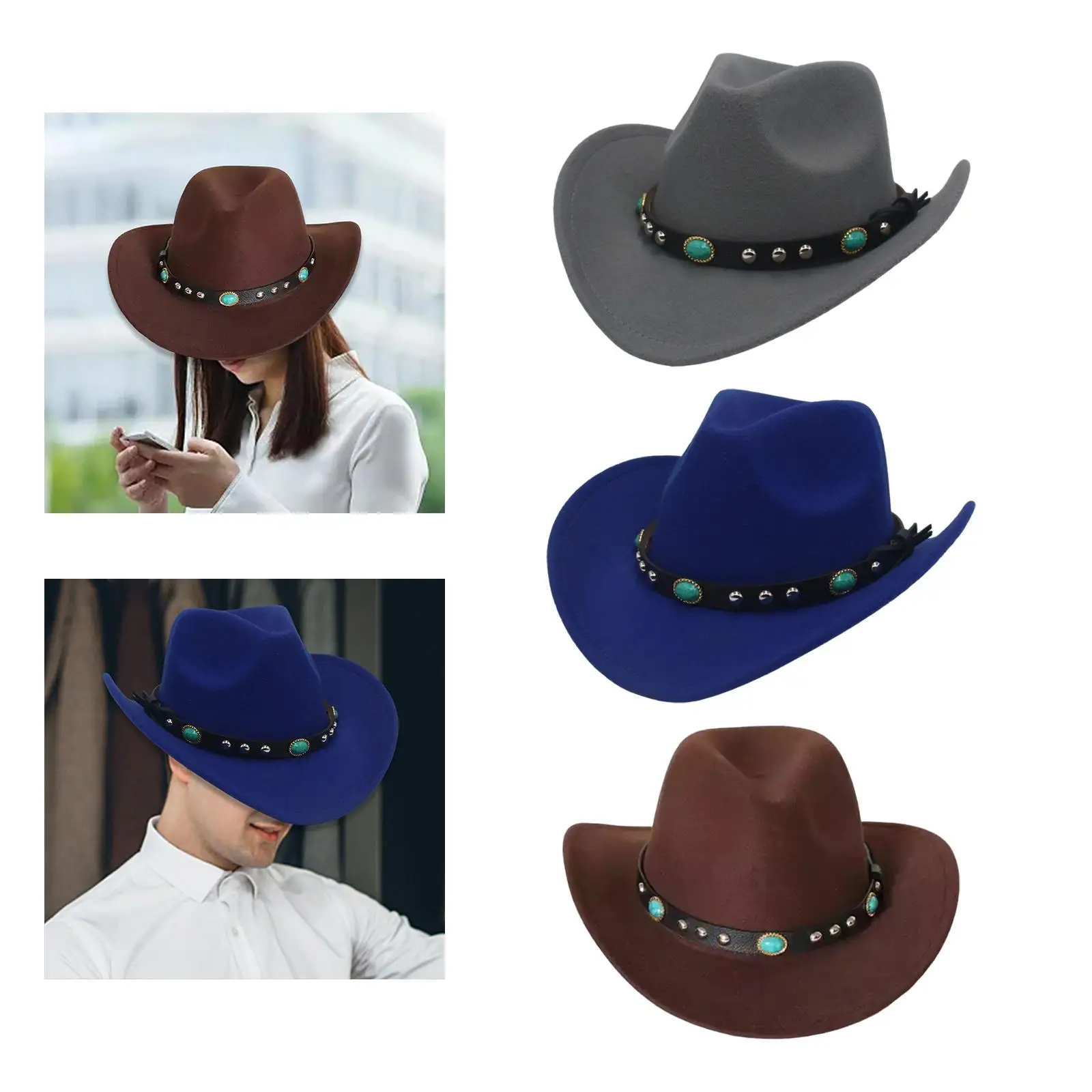 Felt Western  Hat Wide Brim with  Buckle Panama Cowgirl  Costume  Hat for Women Men Outdoor Dress up Hiking