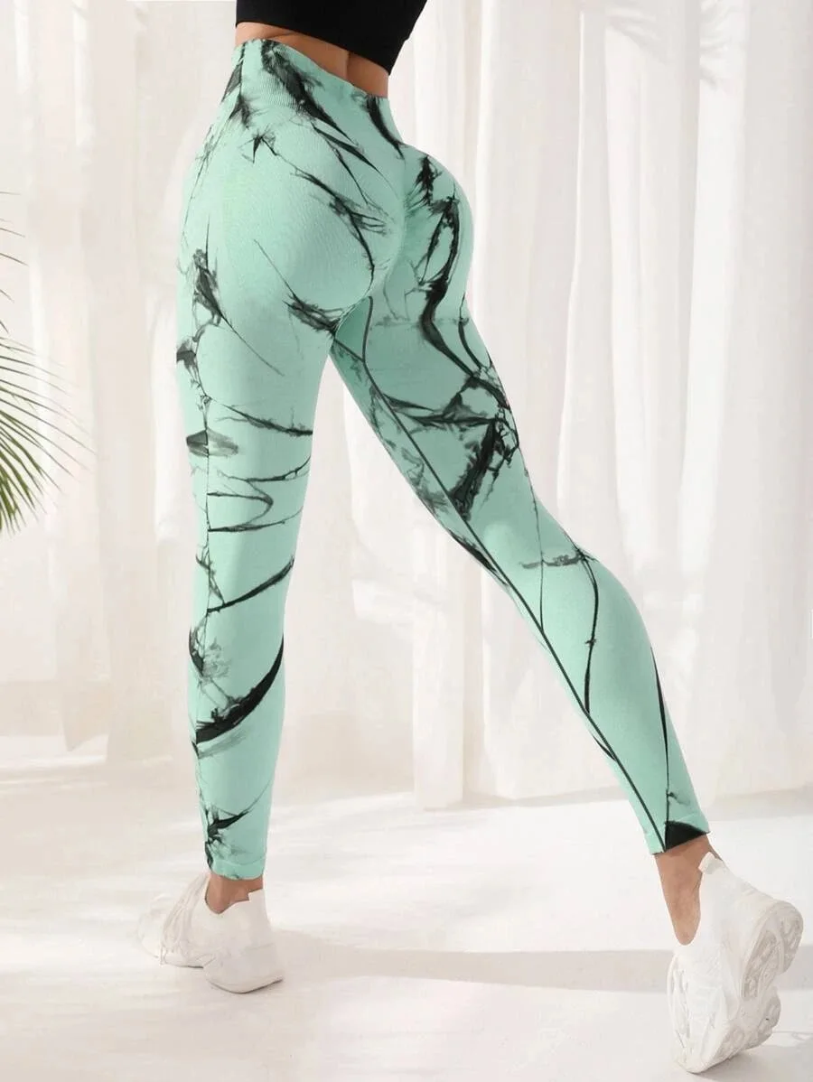 Seamless Tie Dye Gym Pants High Waist Tummy Control Push Up Yoga Tights Elastic Sports Leggings for Women