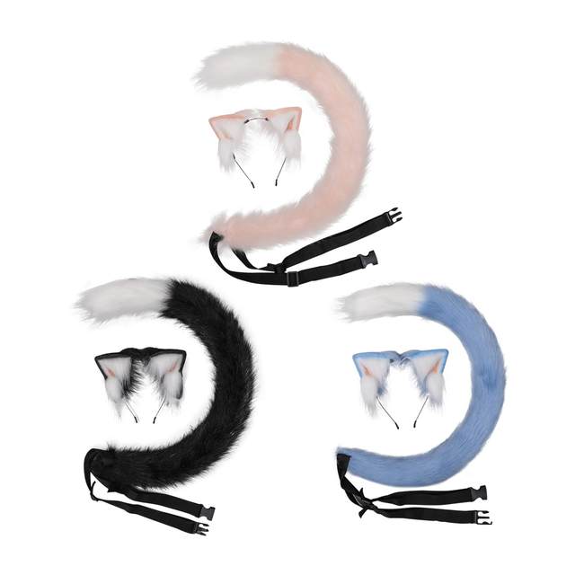 Faux Fur Cat Ears and Tail Set Hair Clip for Cosplay Roleplay Stage Shows