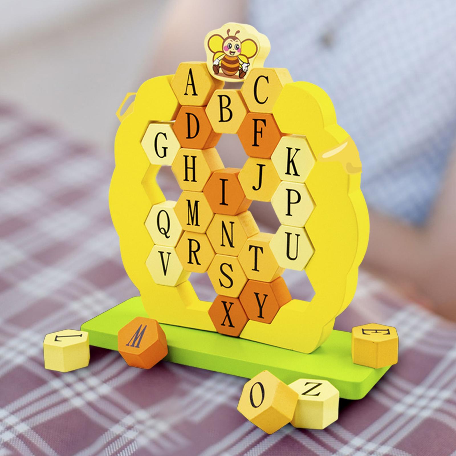 Wooden Honeycomb ABC Alphabet Puzzle Stacker Stacking Game Shape Puzzle Preschool Sensory Toys Activity for Kids Gift
