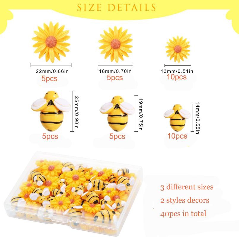 Description Picture 2 of item40Pcs Resin Bees Daisy Decor Bumblebee Sunflowers Embellishment Charms with Storage Box for Wreath Scrapbooking Party Home Decor