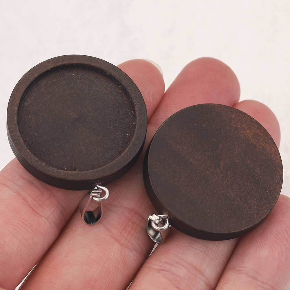 10 Stück 20/25/30 mm braune Holz-Halsketten-Anhänger-Fassung, Cabochon-Cameo-Grundtablett, Lünette, blanko, passend für die Schmuckherstellung – Detail 6