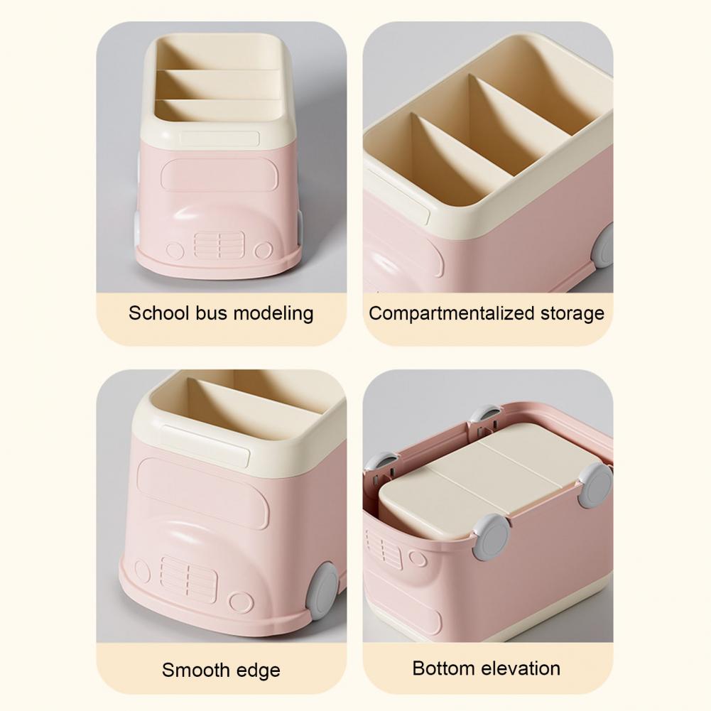 Desktop Pen Holder 3 Compartments Cute Bus Shape Multifunctional Stationery Pencil Organizer Container Storage Box