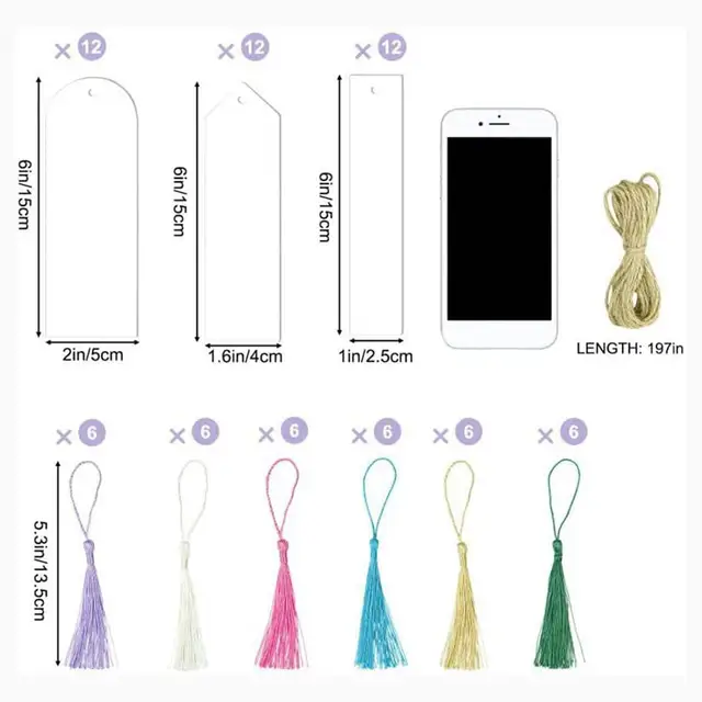 30 Pcs Blank Acrylic Bookmark Set Clear Acrylic Bookmark with 30 Pieces  Colourful Bookmark Tassel Blank Bookmark Ornaments with Holes and Ropes for  DIY Projects and Present Tag 